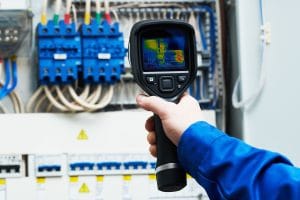 electrician use thermal imaging camera for overheating temperature inspection of electrical equipment