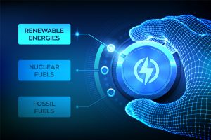 Energy industry sectors. Wireframe hand turning an energy transition button to switch from fossil fuels to renewable energies. Electric power generation via sustainable sources. Vector illustration