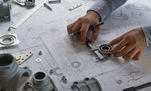 Engineer technician designing drawings mechanical parts engineering Engine manufacturing factory Industry Industrial work project blueprints measuring bearings caliper tools