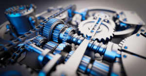 Gears and cogs mechanism. Industrial machine, engine. Close-up macro. 3D illustration