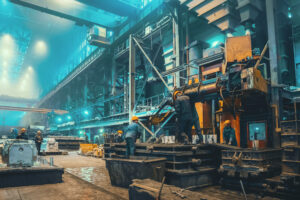 Steel mill interior inside. Workers in workshop of metallurgical plant. Foundry and heavy industry building inside background.