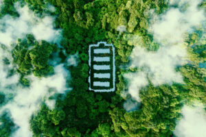 Concept depicting new possibilities for the development of ecological battery technologies and green energy storage in the form of a battery-shaped pond located in a lush forest. 3d rendering.